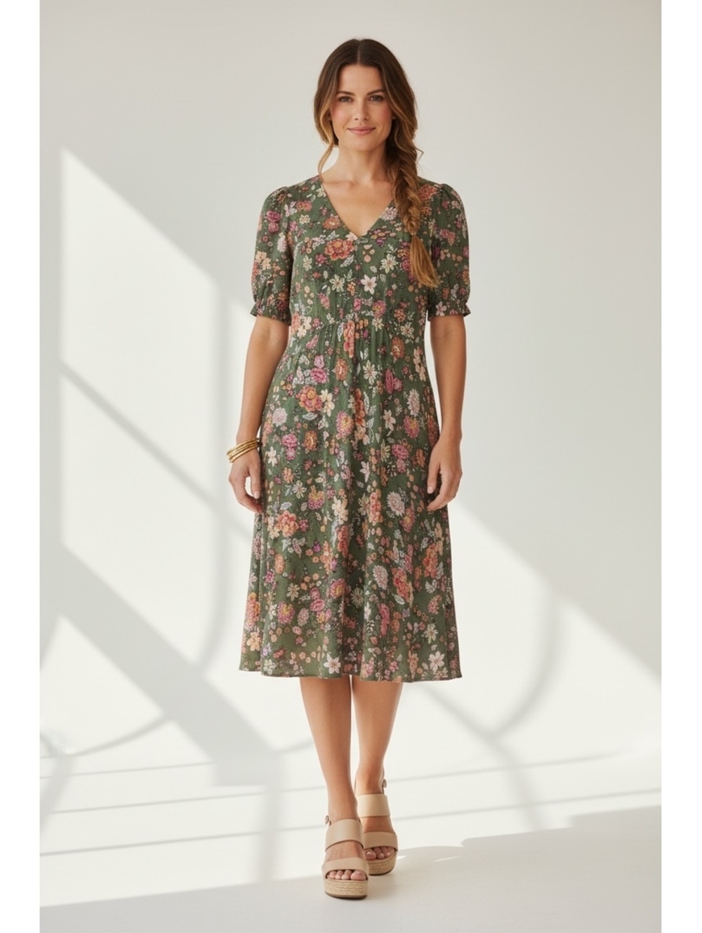LOFT Country Garden Puff Sleeve V-Neck Dress - Size 0 (EUC)